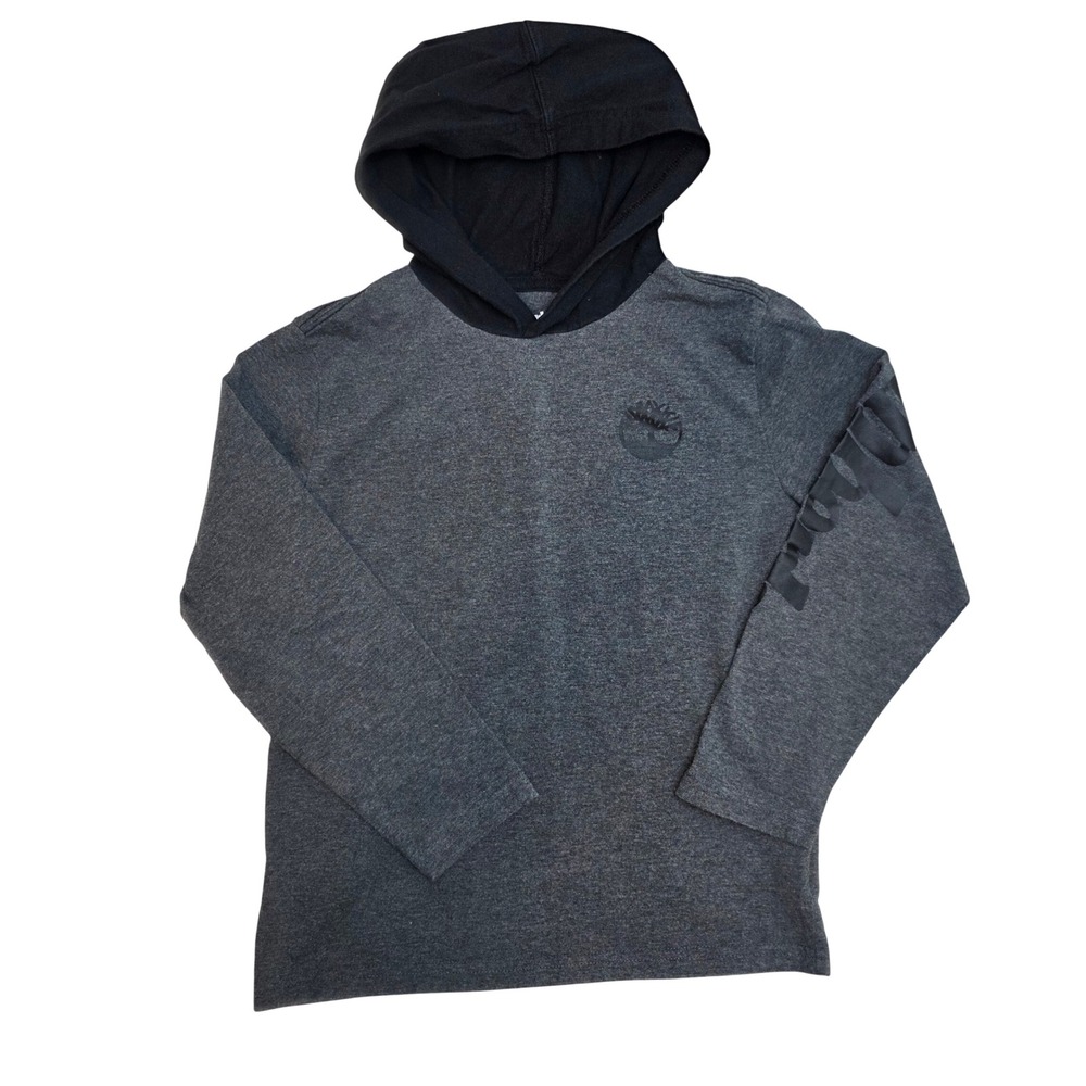 Timberland Kids Heathered Gray Black Hooded Zip Graphic T-Shirt Size S 7/8 0824